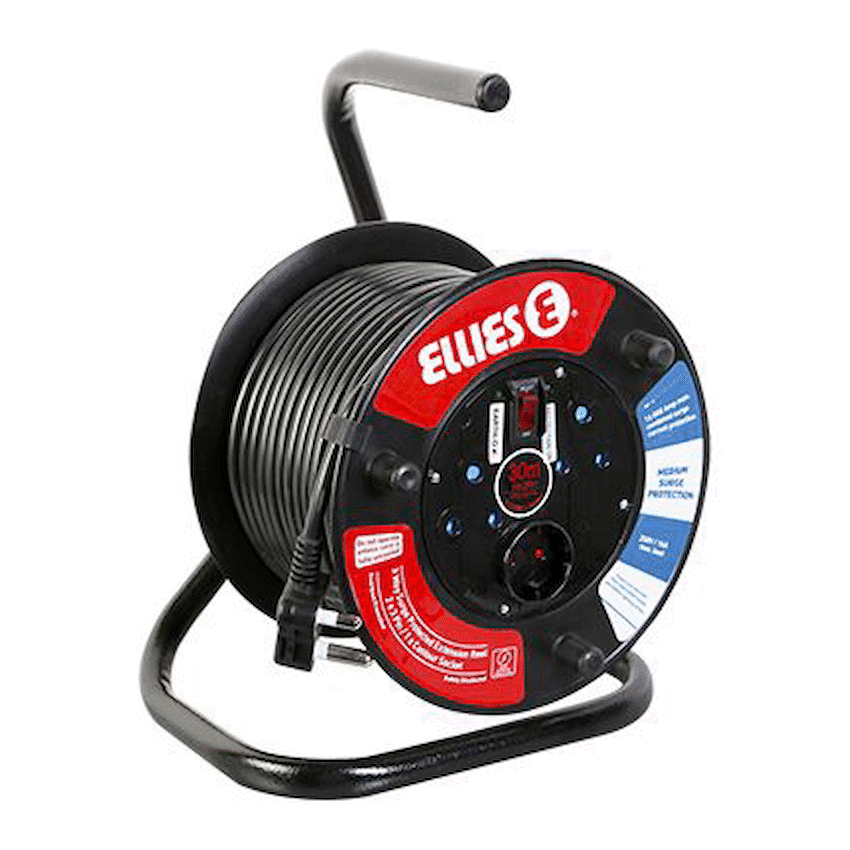 Ellies Heavy Duty Medium Surge Protected Extension Reel 10m - Black