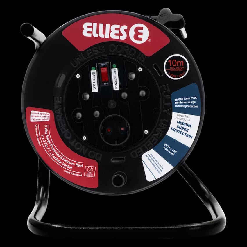 Ellies Heavy Duty Medium Surge Protected Extension Reel 10m - Black