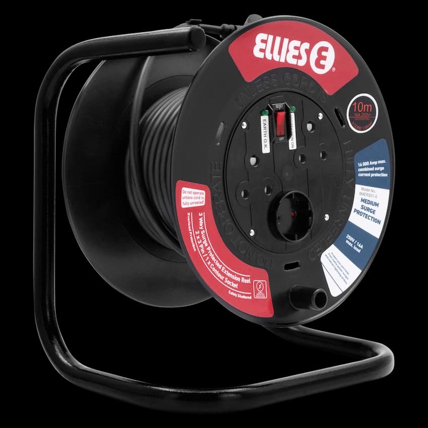 Ellies Heavy Duty Medium Surge Protected Extension Reel 10m - Black