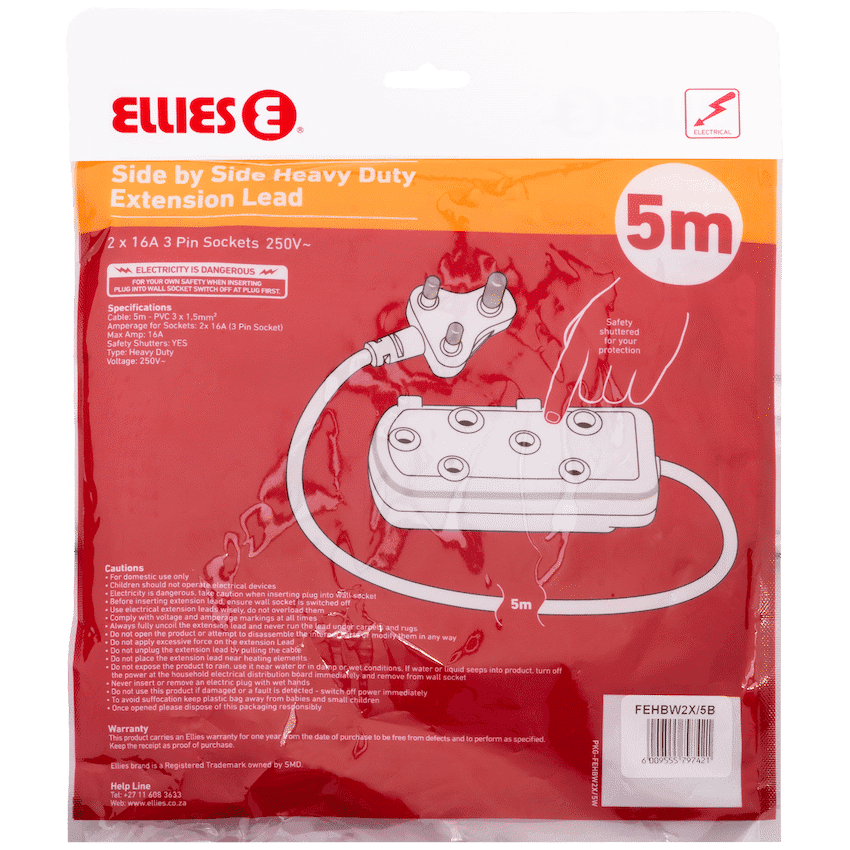 Ellies Side by Side Heavy Duty Extension Lead-5M-BK