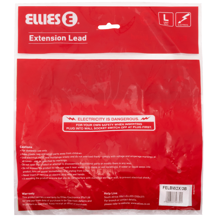 Ellies Side-by-Side Light-Duty Extension Lead - 3m - Black