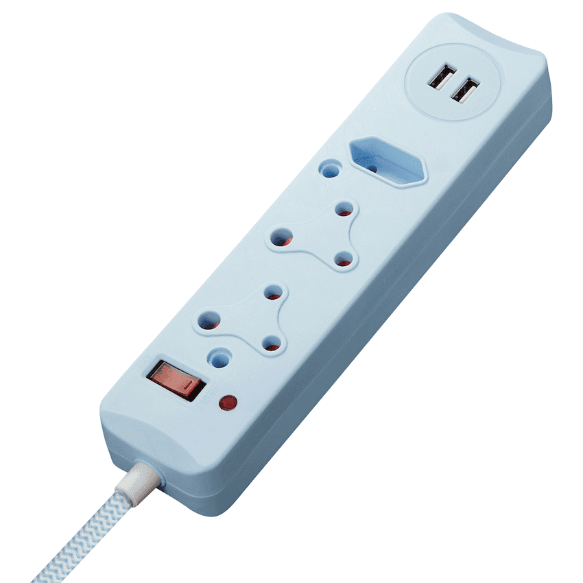 SWITCHED 3 Way Medium Surge Protected Multiplug with Dual 2.4A USB Ports 0.5M Braided Cord