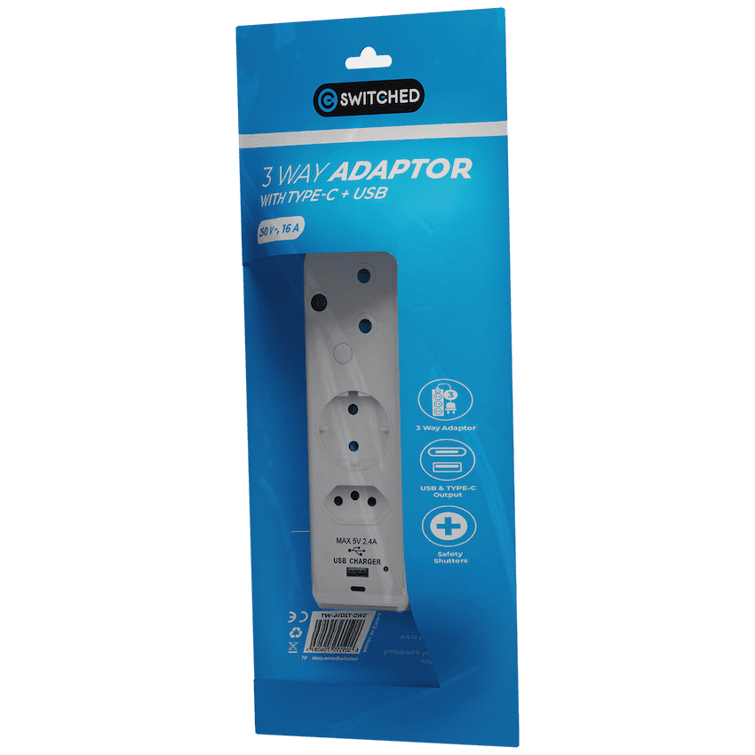 Switched 3-Way Schuko Adaptor with Type C + USB