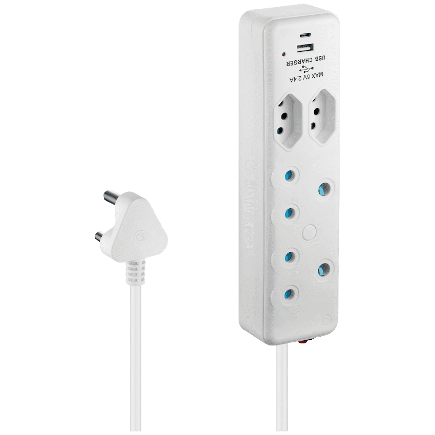 Switched 4-Way Extension Lead with 1x Type-C + 1x USB - 2m