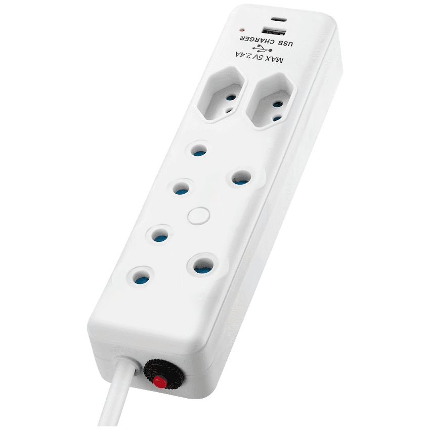 Switched 4-Way Extension Lead with 1x Type-C + 1x USB - 2m