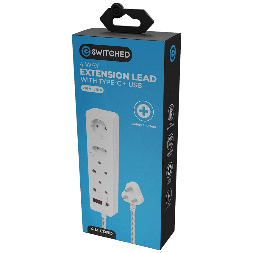 Switched 4-Way Extension Lead with 1x Type-C + 1x USB - 4m