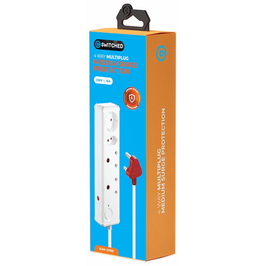 Switched 4-Way Medium Surge-Protected Multiplug 0.5m Cord - White