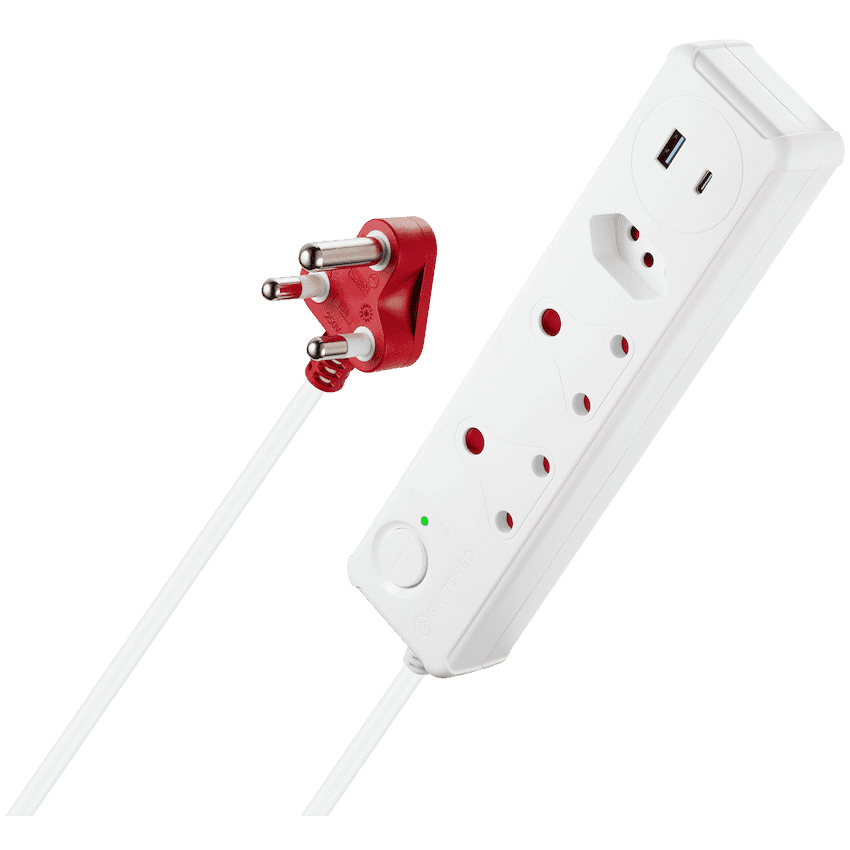 Switched 3-Way Medium Surge-Protected Multiplug with 1x Type-C + 3.4a USB Ports - 0.5m - White