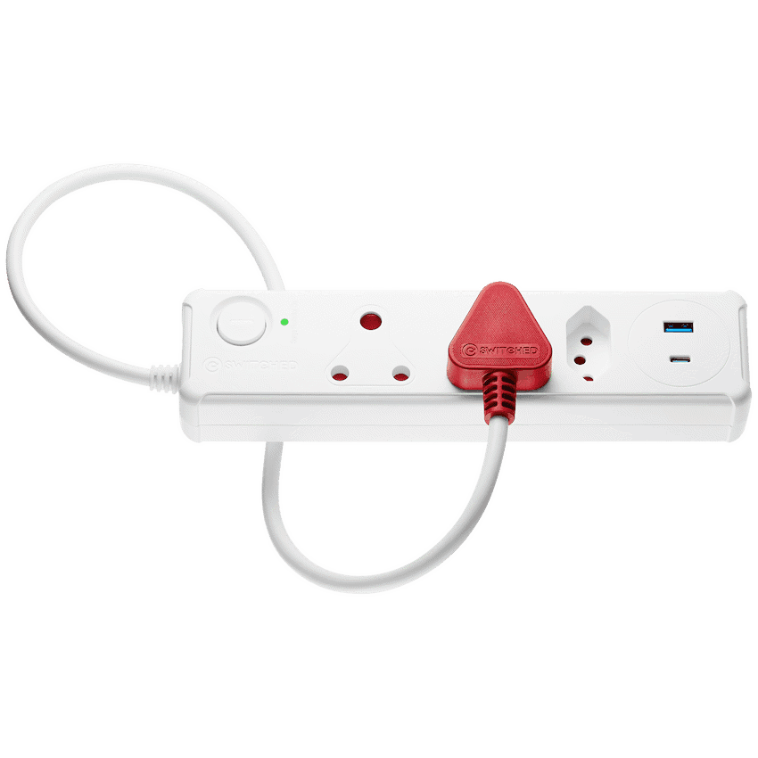 Switched 3-Way Medium Surge-Protected Multiplug with 1x Type-C + 3.4a USB Ports - 0.5m - White