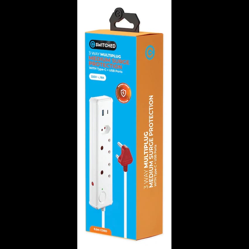 Switched 3-Way Medium Surge-Protected Multiplug with 1x Type-C + 3.4a USB Ports - 0.5m - White