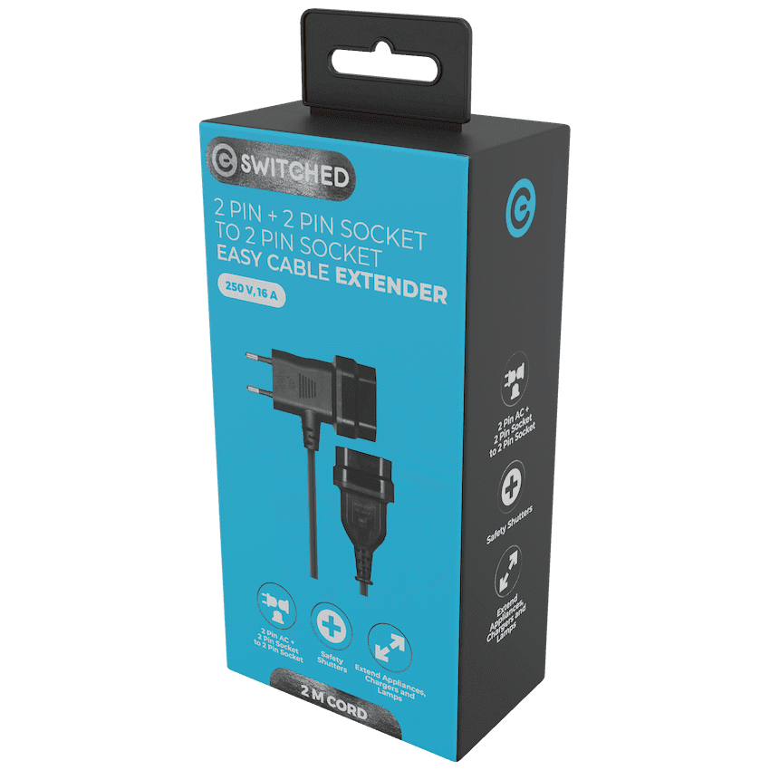 Switched Easy Cable Extender 2-Pin Euro to T-Shape AC 2-Pin Euro Socket 2m - Black