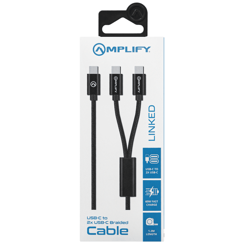 Amplify Linked Series USB-C to 2x USB-C Braided Cable 1.2m - Black