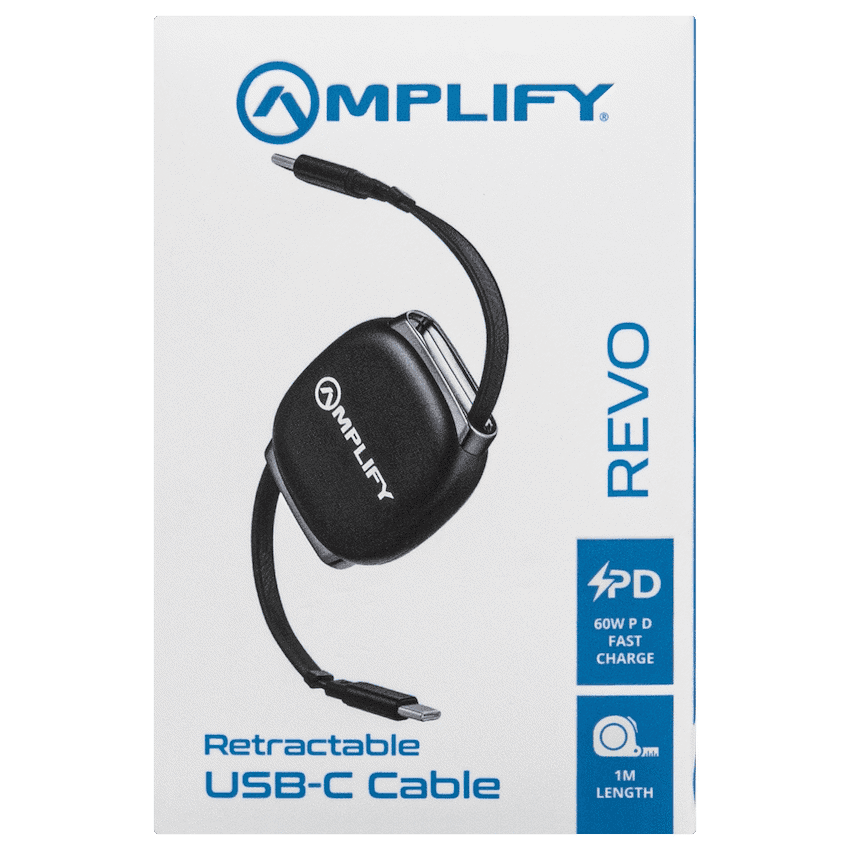 Amplify Revo Series USB C to USB C Retractable Cable Fast Charging Cable