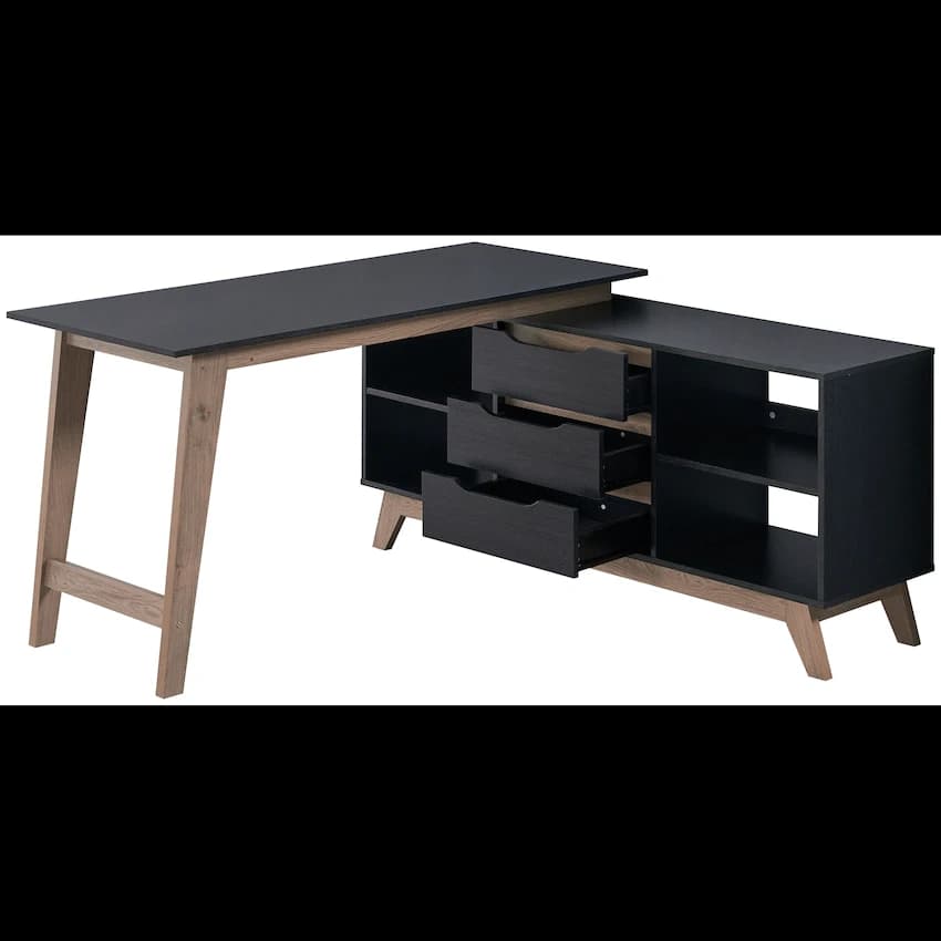 Everfurn Premium Lunar Office Desk - Black, L-Shaped Desk, With Storage