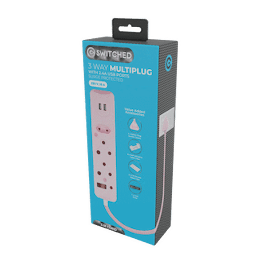 Switched 3-Way Surge-Protected Multiplug with Dual 2.4a USB Ports 3m Braided Cord