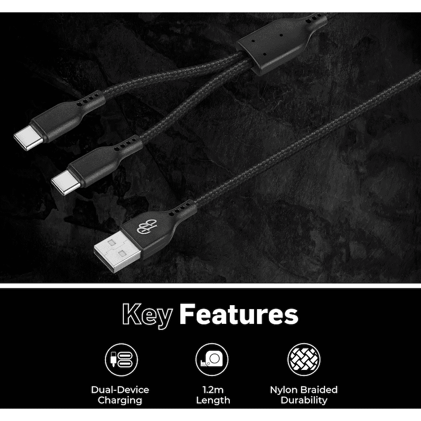Pro Bass Cord Series 1.2m 15w USB-A to 2x USB-C Braided - Black