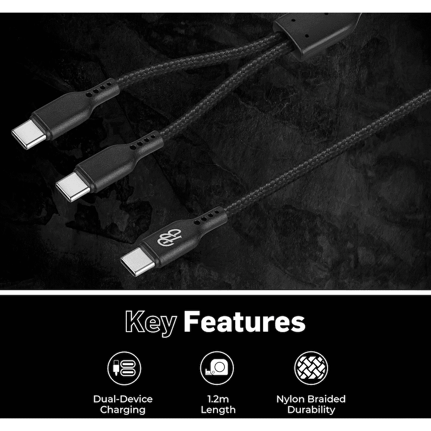 Pro Bass Cord Series 1.2m 15w USB-C to 2x USB-C Braided - Black