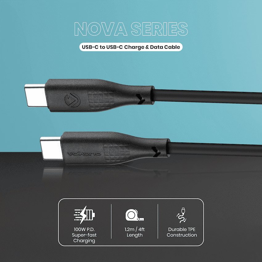 Volkano Nova Series USB C to USB C 100W 1.2m TPE cable-Black