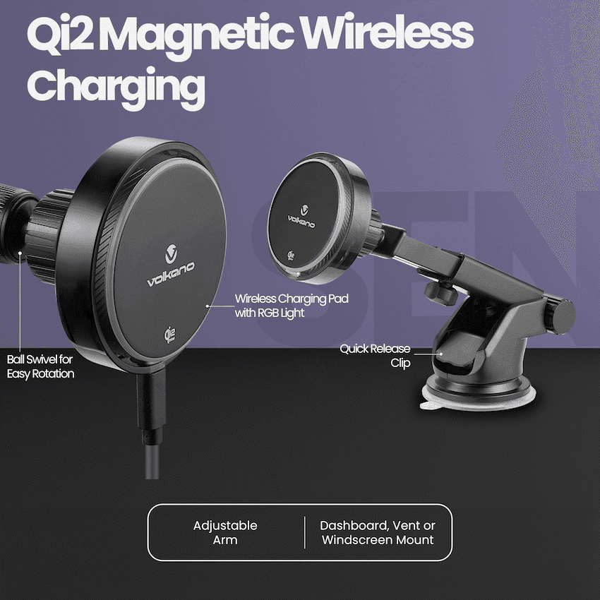 Volkano Sentinel Series Qi2.2 Magnetic Wireless Charging Car Dash Mount Phone Holder - Black