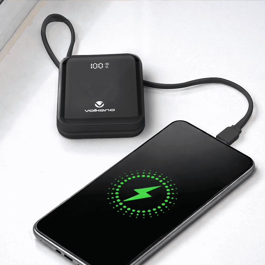 Volkano Solace Series 10 000 mAh Power Bank with Built-in USB-C & Lightning Cable - Black