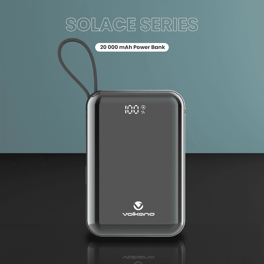 Volkano Solace Series 20 000 mAh Power Bank with Built-in USB-C & Lightning Cable - Black