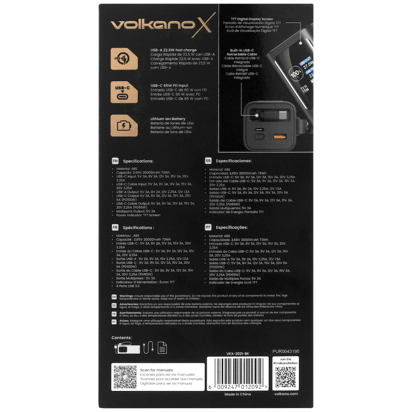VolkanoX Titan Series - 20 000 mAh - Power Bank with retractable Type-C Cable with Flashlight