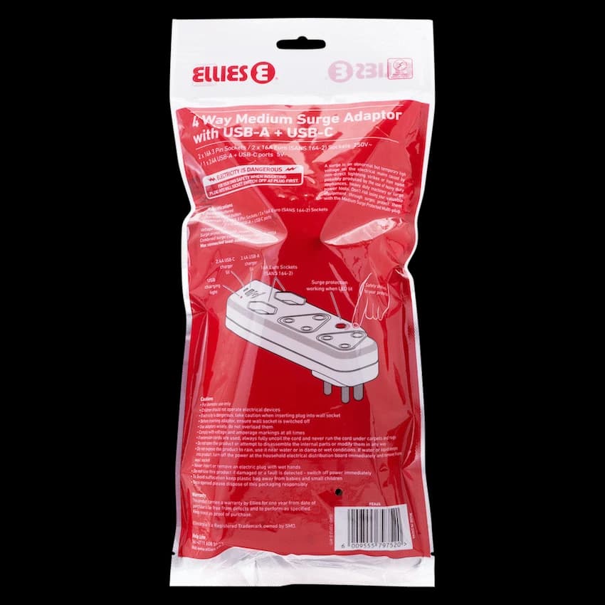 Ellies  4 Way Medium Surge adaptor with type C + USB