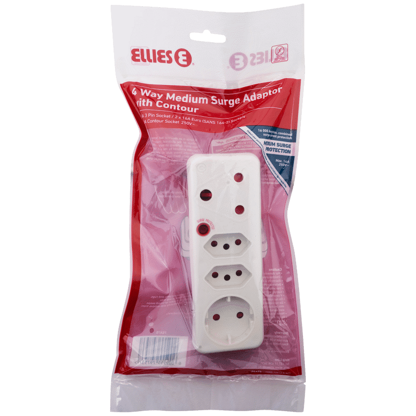 Ellies 4-Way Medium Surge Adaptor with Schuko - White