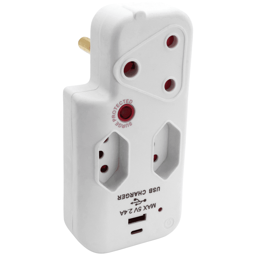 Switched 3-Way Medium Surge Adaptor with Type-C + USB - White