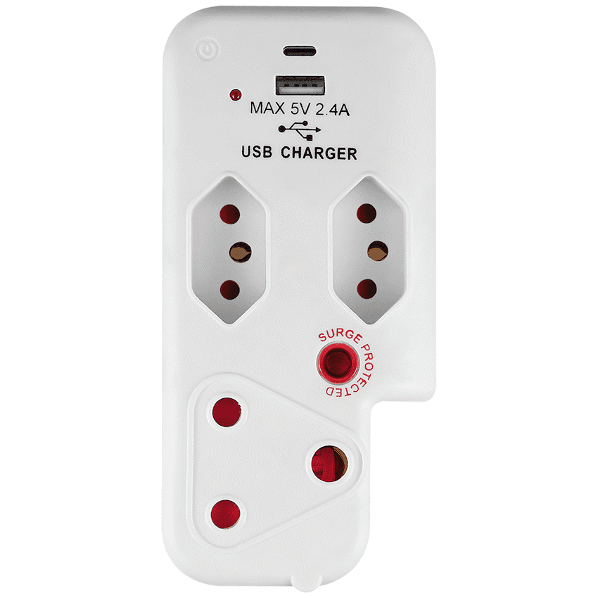 Switched 3-Way Medium Surge Adaptor with Type-C + USB - White