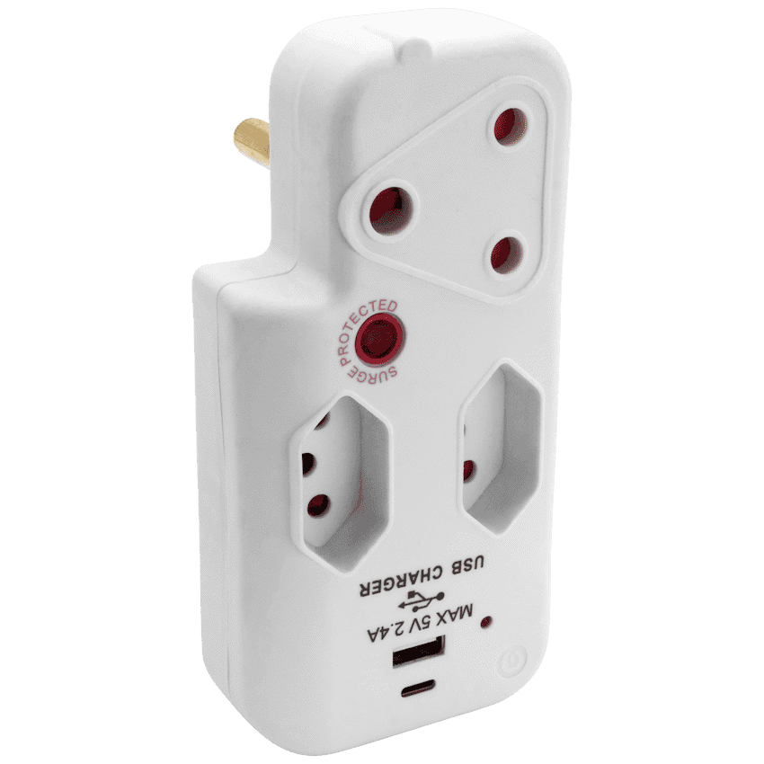 Switched 3-Way Medium Surge Adaptor with Type-C + USB - White
