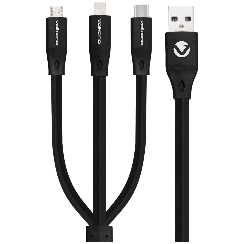 Volkano Slim Series Flat PVC 3-in-1 (Type-C / Lightning / Micro) Cable 30W 1m- Black