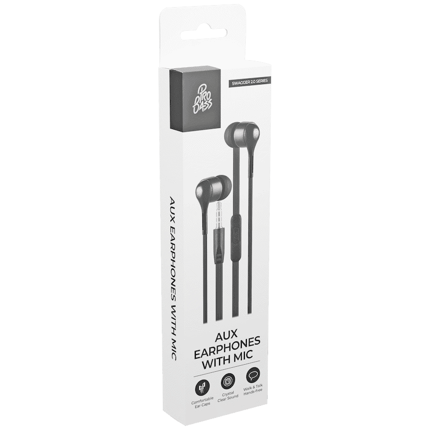 Pro Bass Swagger 2.0 Series - Boxed Auxiliary Earphone with Mic - Black