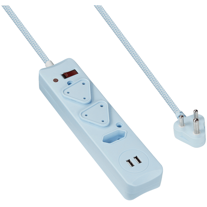 SWITCHED 3 Way Medium Surge Protected Multiplug with Dual 2.4A USB Ports 0.5M Braided Cord