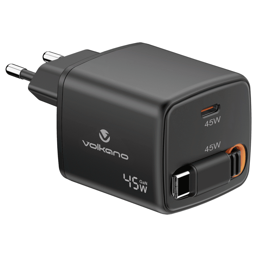 Volkano Sleek Series Fast Wall Charger 45W USB-C with Built-in Retractable 75cm Cable - Black