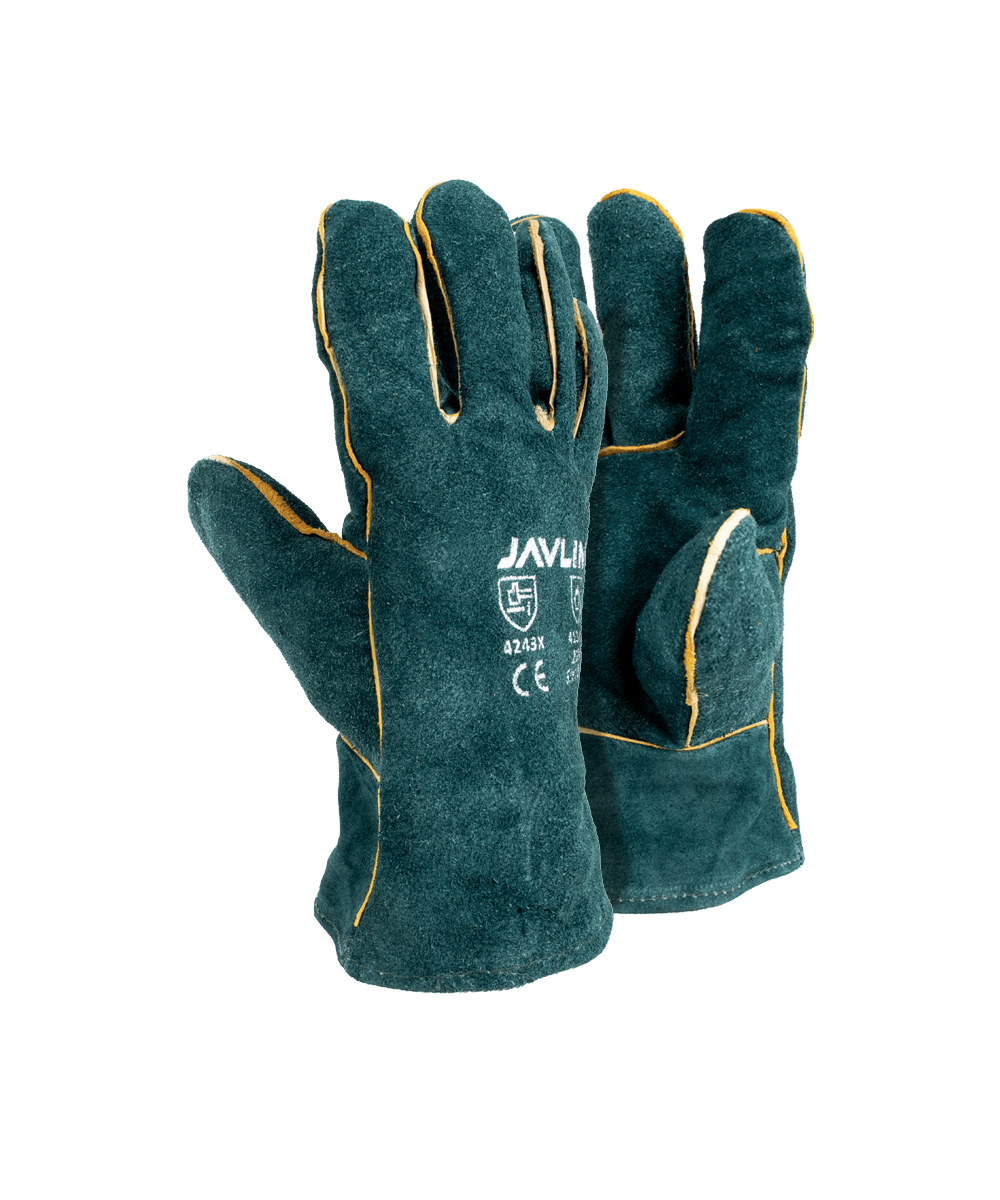 Green Leather Fully Welted Lined Gloves - 6cm Cuff