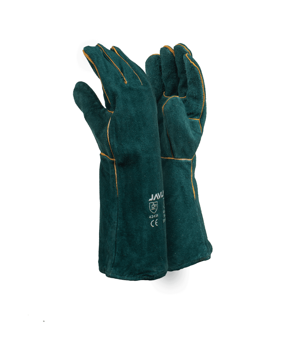 Green Leather Fully Welted Lined Gloves - 20cm Cuff