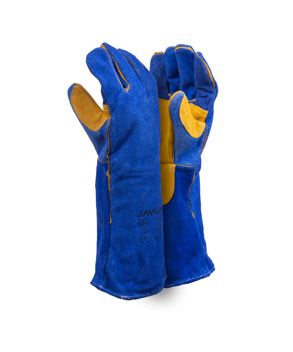 Premium Blue Leather Lined Welding Gloves With Yellow Palm Reinforcing - 20cm Cuff