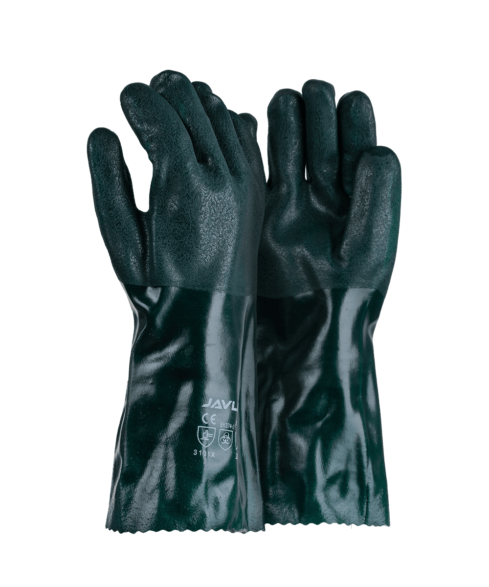 Green PVC Double Dipped Sandy Finish Gloves - 35cm
