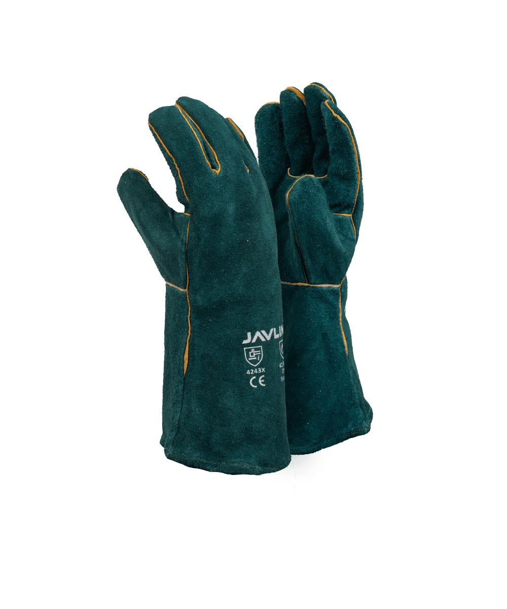 Green Leather Fully Welted Lined Gloves - 15cm Cuff