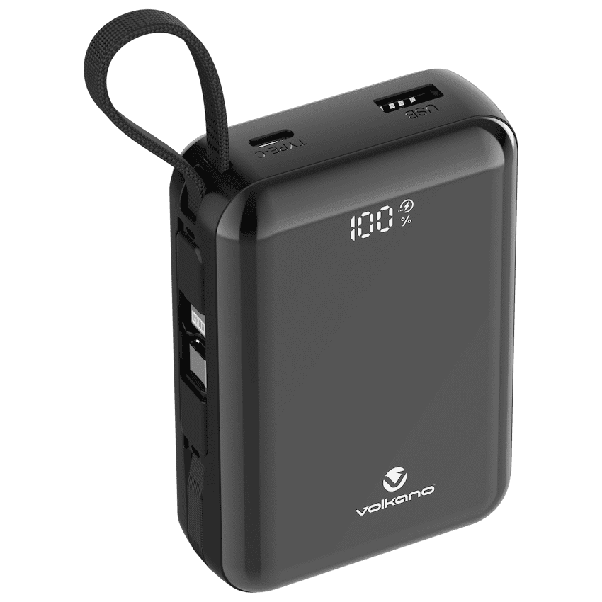 Volkano Solace Series 20 000 mAh Power Bank with Built-in USB-C & Lightning Cable - Black
