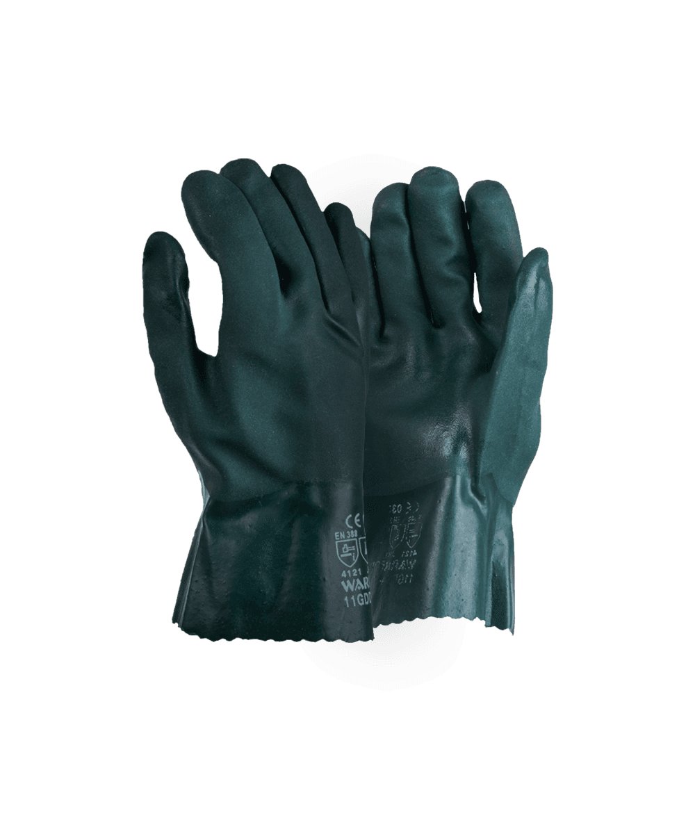 Green PVC glove double dipped sandy finish -27cm