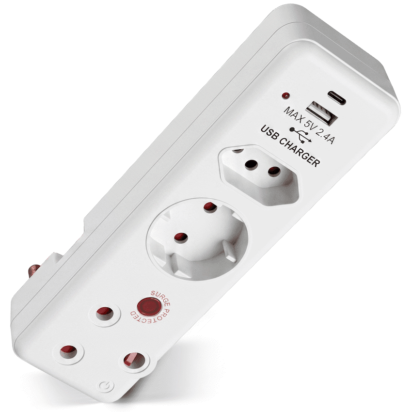Switched 3-Way Medium Surge Adaptor - Schuko with Type-C + USB